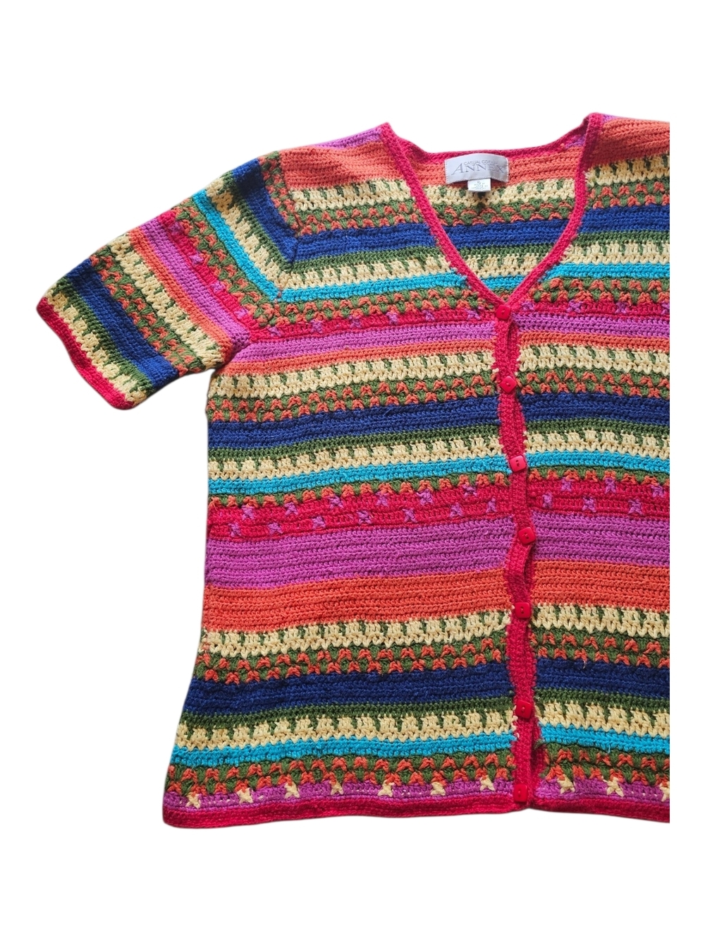 Casual Corner Annex Crochet Cardigan XL Colorful Striped Boho Knit Button Front - Picture 4 of 11